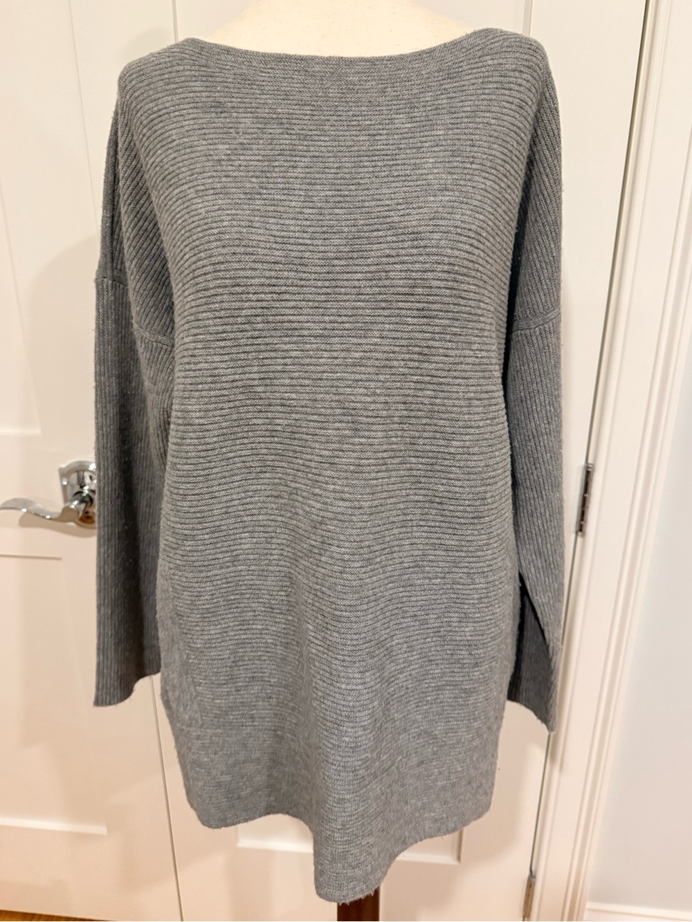 Lafayette 148 New York Light Gray Ribbed Boatneck Ribbed Sweater